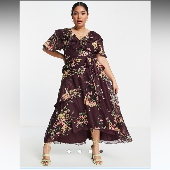 Like new! ASOS Curve draped midi dress, chiffon, maroon w/floral design, Size 14 - Picture 4 of 7
